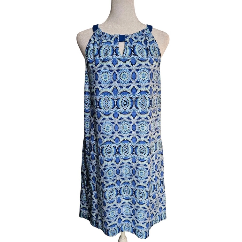 Cabana Life Blue/Navy Sleeveless Pockets Vacation Summer Shift Dress Keyhole L